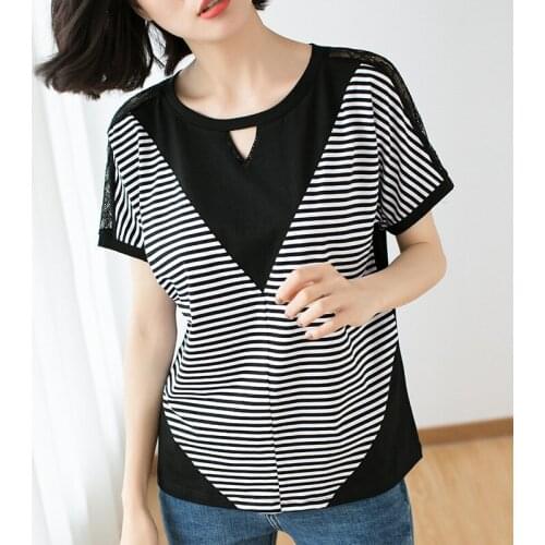 New Lace T Shirt Women Hollow Out Striped Summer Tops 2020 Plus Size T-Shirt Woman Clothes Cotton Tshirt Female Tee Shirt Femme