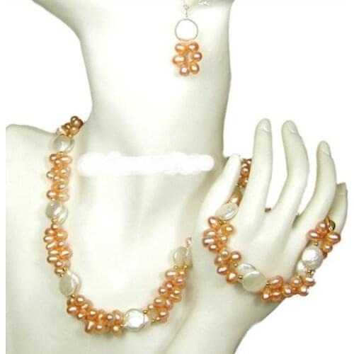 New Arrival Unique Pearl Jewelry Set Pink White Button Pearl Necklace Bracelet Earring Handmade Fine Jewelry Women Gift