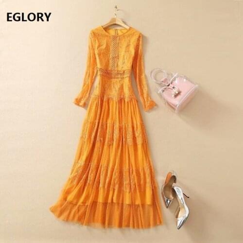 Top Quality New Lace Long Dress 2021 Spring Summer Celebrity Party Women O-Neck Sexy Tulle Mesh Patchwork Long Yellow Dress Maxi