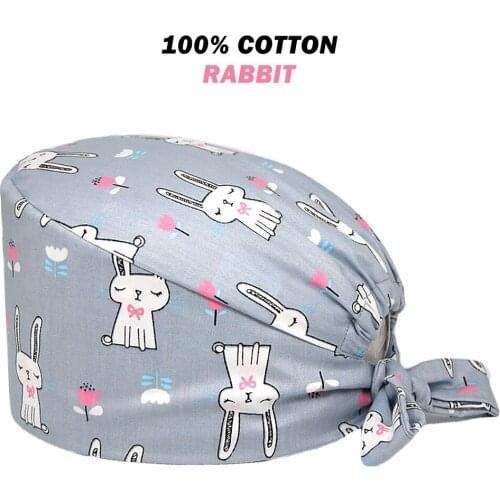 Wholesale Scrub Cap 100% Cotton Rabbit Printing Adjustable Nursing Hat Beauty Salon Pet Shop Lab Working Accessories Scrubs Caps