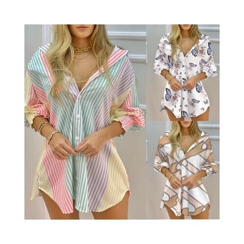 Autumn Mini Dress Long Sleeve Shirt Dress Women Casual Dresses Ladies Stripe Button Shirt Print Dress Casual Loose Sundress 2021