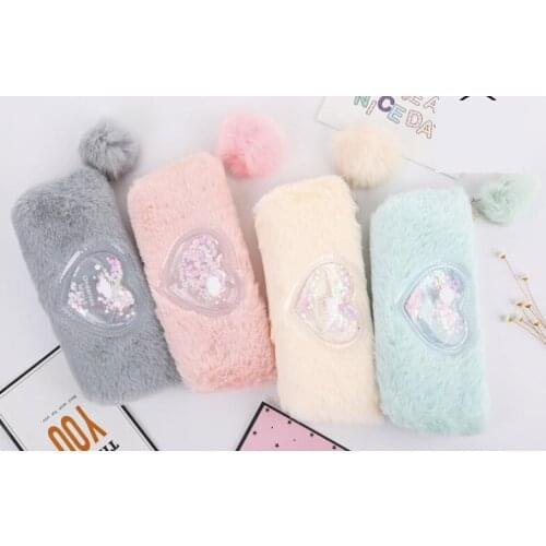 Plushed heart shape pen bag for students Creative pencil case Office stationery