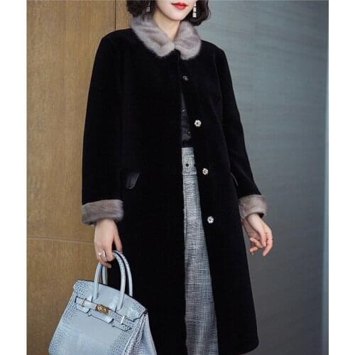 Luxury Real Wool Coat Female Natural Mink Collar Long Winter Jacket Women Sheep Fur Coats PU Leather Liner 17965