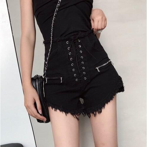 Women High Waist Shorts Summer Denim Shorts Lace Up Pockets Casual Streetwear Short Jeans