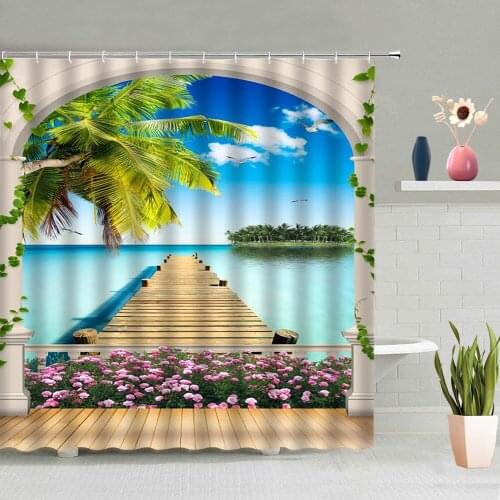 European Style Natural Scenery Shower Curtain Garden Flowers Green Leaves Plants Waterfall Ocean Tower Bathtub Screen Washable