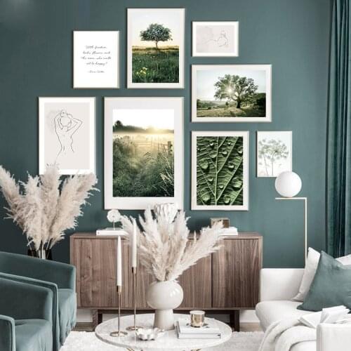 Nordic Canvas Painting Morning Sunrise Grass Tree Sunlight Nature Landscape Poster Wall Art Print Scandinavia Decoration Picture