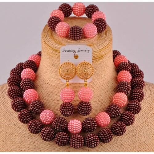 Stylish brown and peach simulated pearl bead african beads jewelry set costume necklace nigerian set