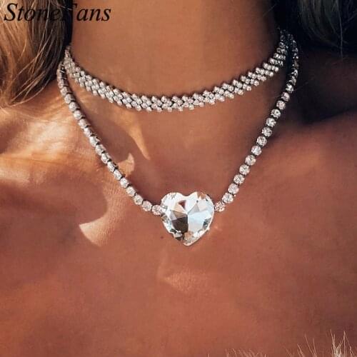 Stonefans Luxury Big Diamond Heart Pendant Choker Necklace Jewelry for Women Vintage Tennis Chain Charm Choker Jewelry Wholesale
