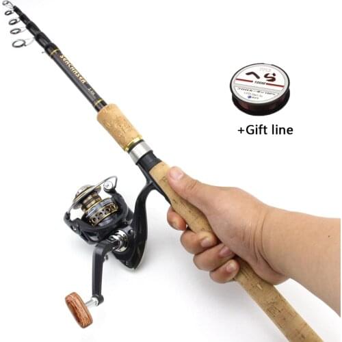 2.1m2.7m Rod Reel Combos telescopic Spinning fishing rod Spinning Reels set carbon 29cm Cork handle Pikes fish trout rods pesca