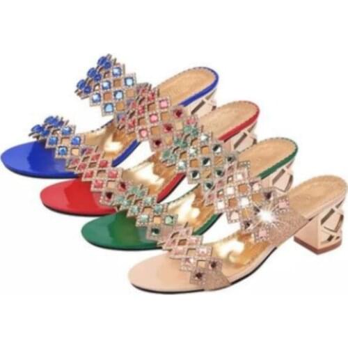 Rhinestone Decorative Wedge Soled Shoes Comfortable Western Style High Heeled Slippers(4 To 9) In Summer Green/Blue/Pink