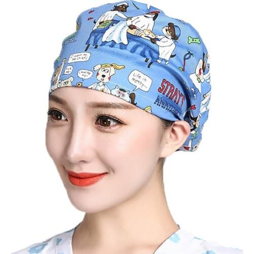 Unisex Scrub Caps Adjustable Cotton Sweatband Hats Cartoon Flower Printed Reuseable Workwear Hats Washable Bandage Head Caps