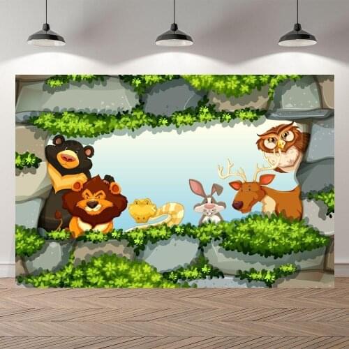 Big Rock Wall Hole Animals Safari Party Backdrop Newborn Baby 1st Birthday Family Dinner Table Decor Photo Backgrounds Vinyl