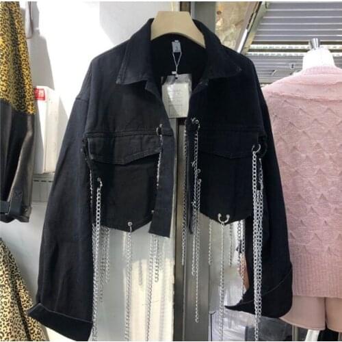 Chain Short Denim Jacket Women New BF Street Tide Hip Hop Heavy Industry Female Jeans Coat Blue Mujer Chaqueta