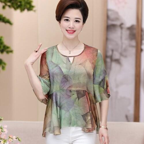Women Chiffon Shirts Summer Petal Sleeve Blouse Elegant Floral Printed Clothes Half Sleeve Tops