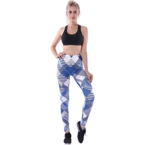Women Hot Popular Rhomboids Sports Blue and White Fitness Slim Thin Sports Gym Running Yoga Pants