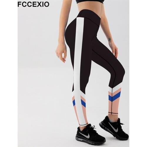 FCCEXIO 3D Black Patchwork Stripe Pattern Print Women High Waist Workout Pant Plus Size Fitness Slim Soft Stretch Leggings
