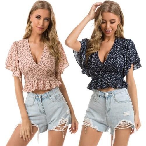 2021 Spring/Summer Womens New Lotus Leaf Sleeves Short-sleeved Chiffon Top Fashion Sexy Comfortable Blouse Wholesale