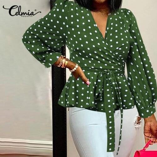 2021 Elegant Women Polka Dot Print Blouses Celmia Office Lady Shirt Fashion Deep V Neck Sexy Bandage Tunic Ruffles Blusas Femme