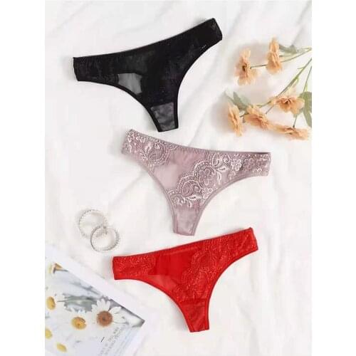 3PCS Of Sexy Thong Women Seamless Transparent Tulle Panties Low-waist Floral Lace Delicate Lingerlie Gown XOXO Lady Underwear