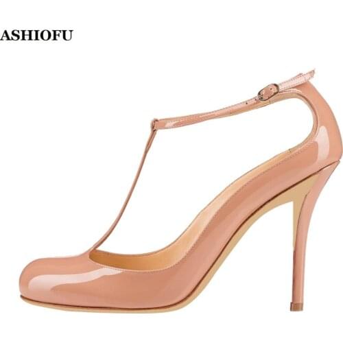 ASHIOFU Handmade Hot Sale Ladies High Heel Pumps T-strap Party Prom Dress Shoes Evening Club Fashion Pumps Court Shoes KL016