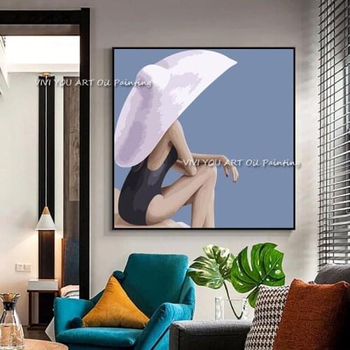 Big Palette Color Portrait Summer Woman Canvas Painting For Living Room Decoration Hand Painted Oil Painting Large Hat Girl