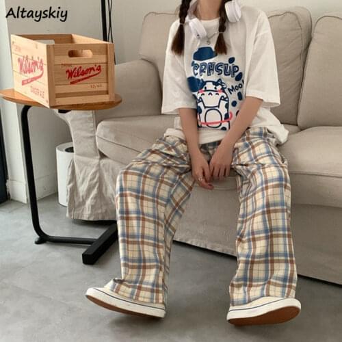 Pants Women Summer Plaid Breathable Chic Retro Teens Streetwear Harajuku Simple All-match Casual High Waisted Straight Ulzzang