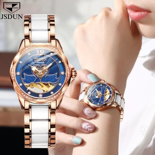 JSDUN fashion women watches top brand luxury 2021 Automatic mechanical movement Ceramic steel strap waterproof Ladies' gift
