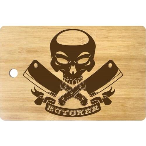 Skull with Crossed Meat Cleavers Custom Engraved Cutting Board Gothic Home Decor Meat Butcher Skull Dead Chef Chopping Block