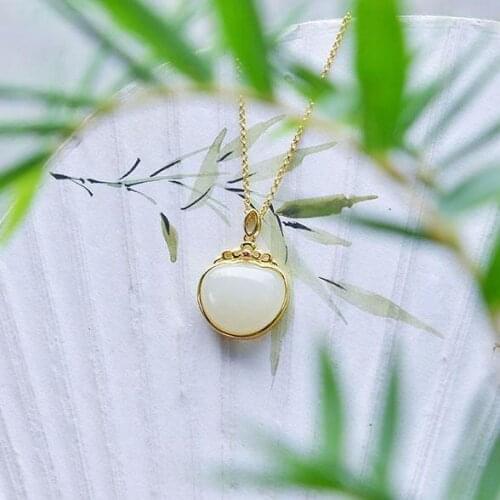 Natural Hetian Jade White Jade White Jade Ingot Pendant S925 Sterling Silver Gold Plated Jade Necklace Simple Gift