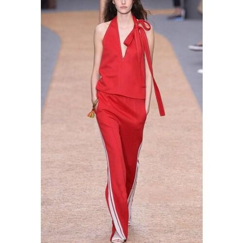 Summer Autumn Amazing Red Two Piece Sets Sexy V-Neck Halter Top Pants Suits Clothing Sets Women