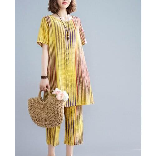 Gradient Print Fashion Women Clothes Set Thin Soft Cotton Linen Cozy Summer Sets Loose Tops Capris Pants 2 Piece Casual Set Suit