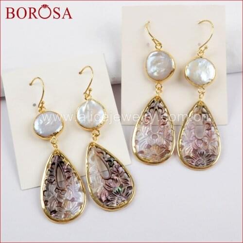 BOROSA 3/5pairs Round White Natural Freshwater Pearl & Carved Teardrop Shell Earrings Fashion Dangle Earrings Jewelry G1596