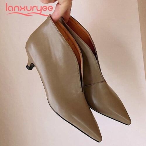 Lanxuryee 2021 hot sale short boots genuine leather pointed toe thin med heel slip on office lady dating mature ankle boots L71