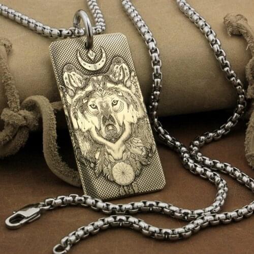 LINSION High Detail 2 sides Laser Deep Engraved Brass Indian Wolf Pendant Biker Rock Punk Style 9X031B Steel Necklace 24 inches