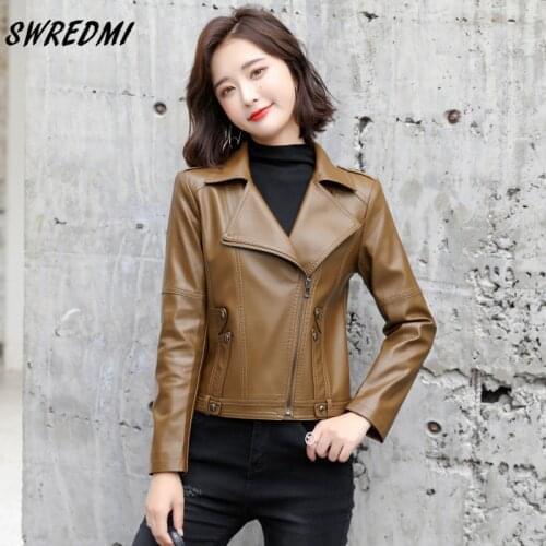 Motorcycle Leather Coat Women Spring Jackets Khaki Faux Leather Suede With Pocket Inside Epaulet Zipper Autumn Clothing SWREDMI
