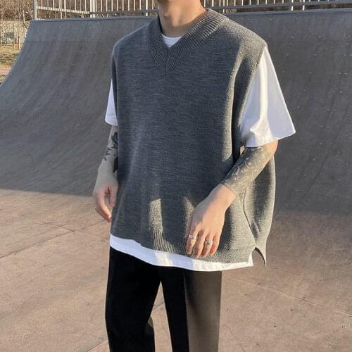 Mens V-neck knitted vest Korean version of the trend of wild tide brand waistcoat loose vest summer sleeveless jacket