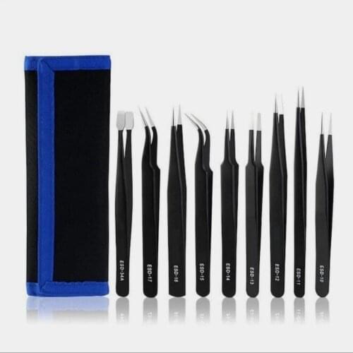 Tweezer Set ESD Anti-Static Stainless Steel Maintenance Repair Phone Kit Anti Static Model Making Precision Hand Tool Set 9 pcs
