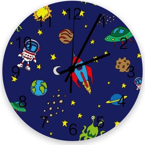 Cartoon Space Astronaut Aircraft Rocket Moon Wall Clock Wooden Modern Design Digital Clocks Home Living Room Wall Decoration