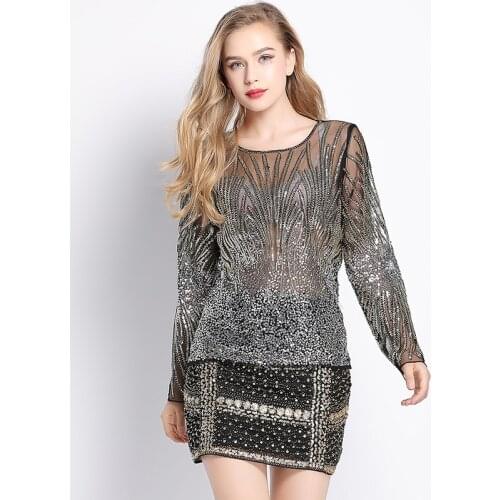 H80&S90 New Women Vintage Sexy O-Neck Long Sleeve Heavy Embroidered Sequin Beaded Mesh Pullover See Through Tops Female Blouse
