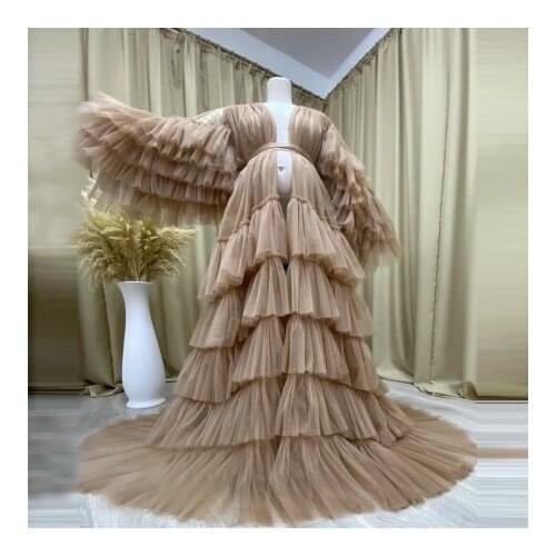 New Arrival Brown Tulle Maternity Robes Long Sleeves With Waistband Floor Length With Train Pleated Ruffles Extra Puffy Pregnanc