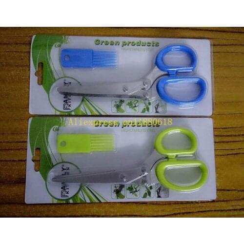 50pcs/lot Free Shipping Multi-functional Stainless Steel Kitchen 5 Layers Scissors Cut Cooking Spices Scissors With brush