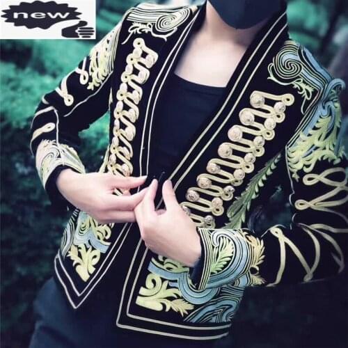 Autumn Winter High Quality Court Style Golden Embroidery Mens Suit Buttons Night Club Singer Velvet Jacket Slim Fit Coat