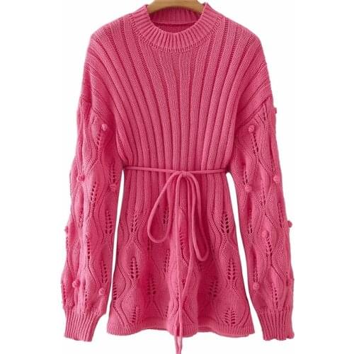 ZXQJ Women 2021 Fashion Oversized Ball Hollow Belt Knitting Sweater Dress Vintage Long Sleeves Side Vents Female Dresses Mujer