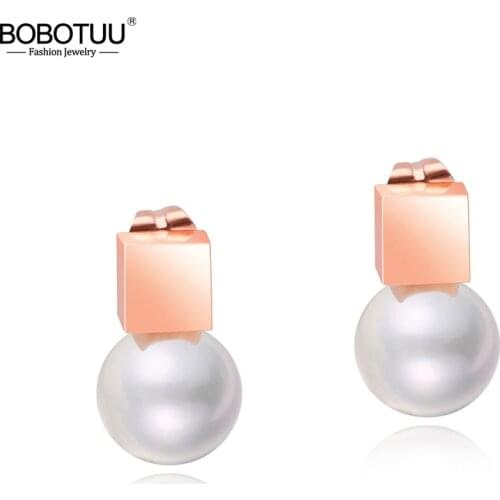 BOBOTUU Square Geometric Stud Earring For Women Titanium Steel Rose Gold Color Simulated Pearl Earrings Jewelry Brincos BE17074