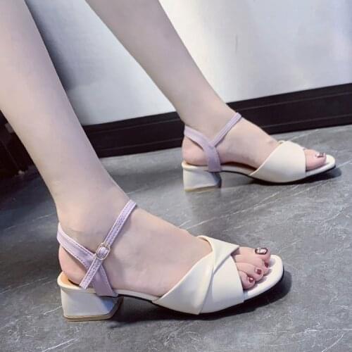 2021 New Green Thick Heel Womens Stylish Soft Square Toe Non-slip A Buckle Strap High-heeled Sandals Fresh Size 34-42