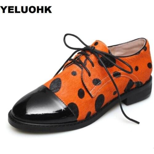 2019 New Autumn Horsehair Oxford Shoes For Women Polka Dot Platform Shoes Women Flat Casual Women Lace Up Shoes