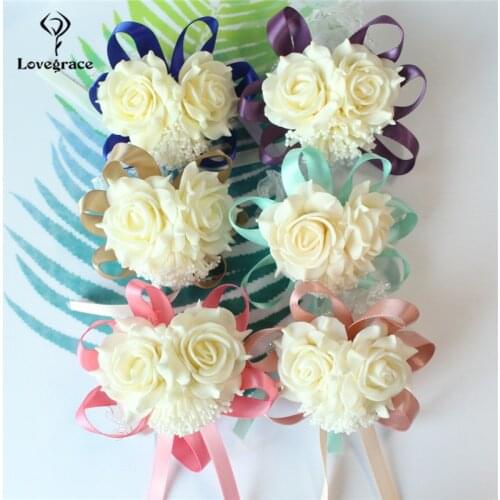 Lovegrace Champagne Flower Heads Wrist Corsage Wedding Corsage Bracelets Silk Ribbon Flower Cuff Bracelets Bridesmaid Bridal Corsage Wedding Bracelets for Women