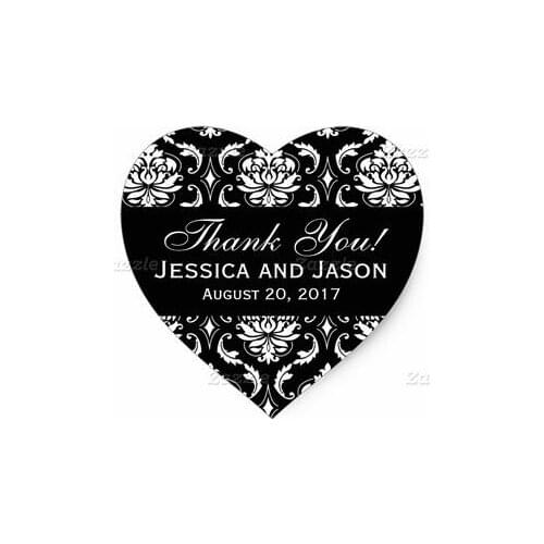 3.8cm Black White Wedding Damask Thank You Label Heart Sticker