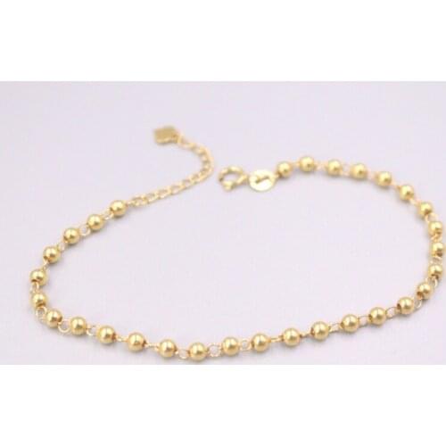 AU750 Pure 18K Yellow Gold Bracelet 3mm Wide Smooth Glossy Beads Link Chain Adjustable Bracelet Woman Lucky Gift 3.8-4g
