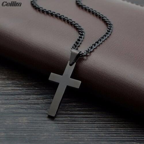 Simple Mens Cross Charm Necklaces For Women Men Stainless Steel Black Pendant Prayer Necklace Christian Jesus Choker Colar